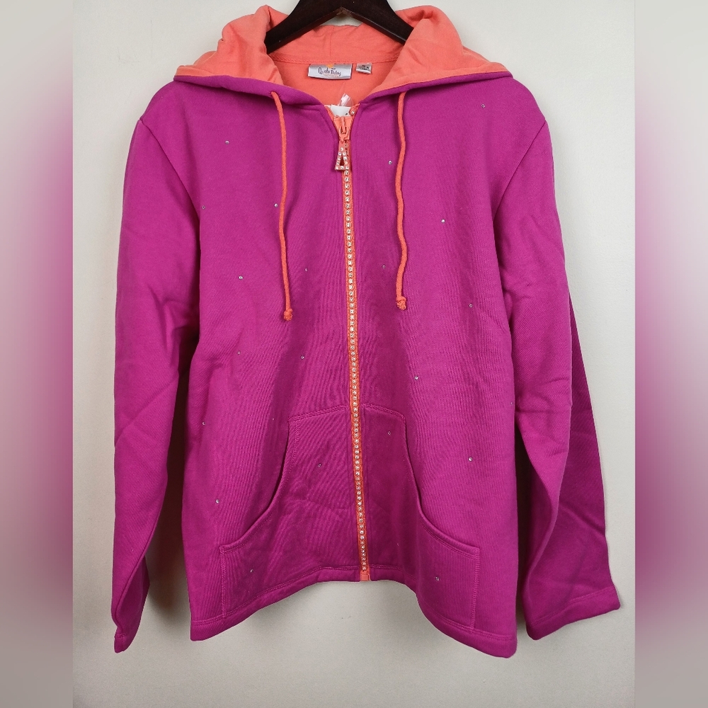 NWT Quacker Factory Drawstring Jacket Hoodie Zip Sweatshirt Pink XL A57369
